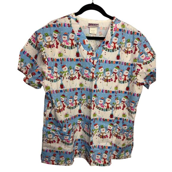 Christmas Snowman Print Scrub Top Uniform City L Cotton Blend - Picture 1 of 4